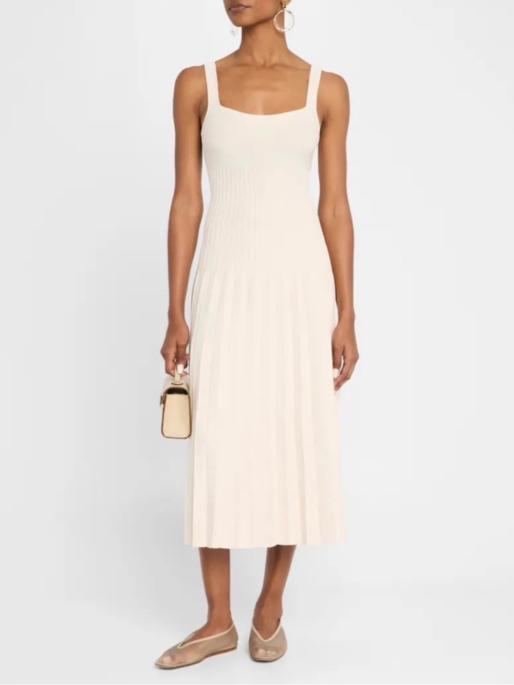 STAUD Cream Ribbed Knit Midi Dress